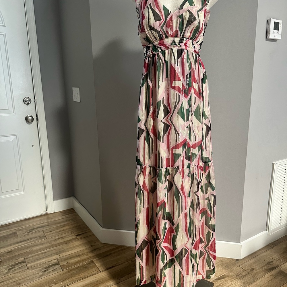 ba&sh pink and green tie back v neck maxi dress